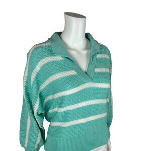 Vintage 80s Aqua Striped Sweater Womens Size M Slouchy V Neck Pullover Dolman
